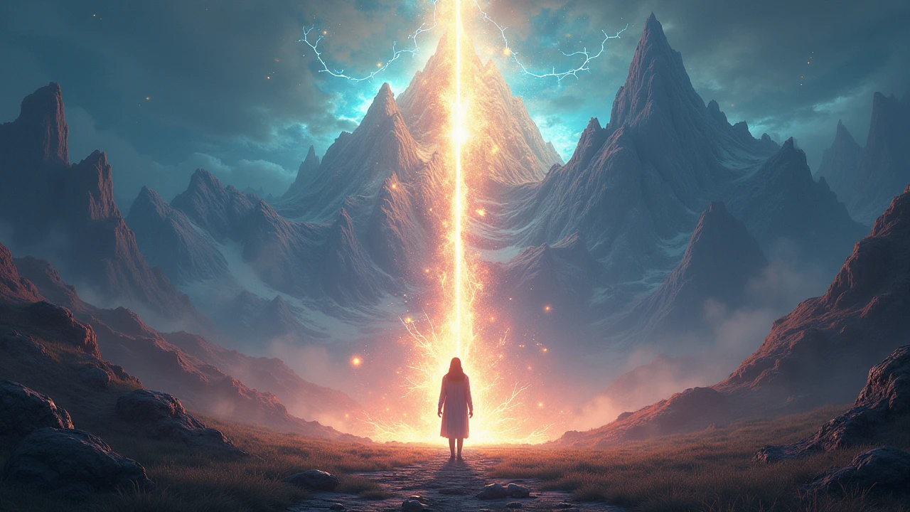 A lone figure standing before a vibrant cosmic mountain landscape with a stream of energy descending from the heavens, symbolizing reaching the next spiritual level, surreal and highly detailed.