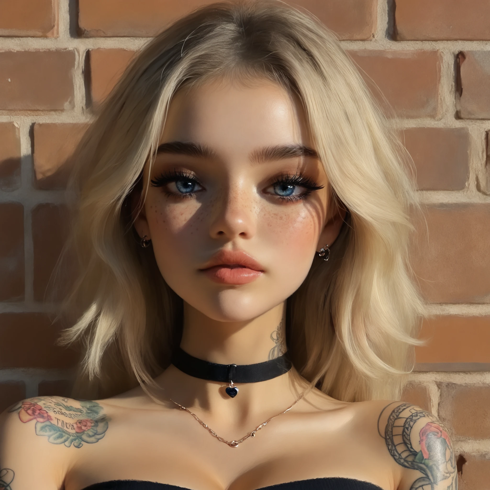 24 year old girl, detailed cigarette between lips, close up, pale skin, blonde, influencer, model, beautiful, heavy mascara, heavy eyeliner, nose blush, freckles, tube top, tattoos, slender, slim, blue eyes, leaning against brick wall, elbows on knees, large breasts, dark makeup, black choker,
