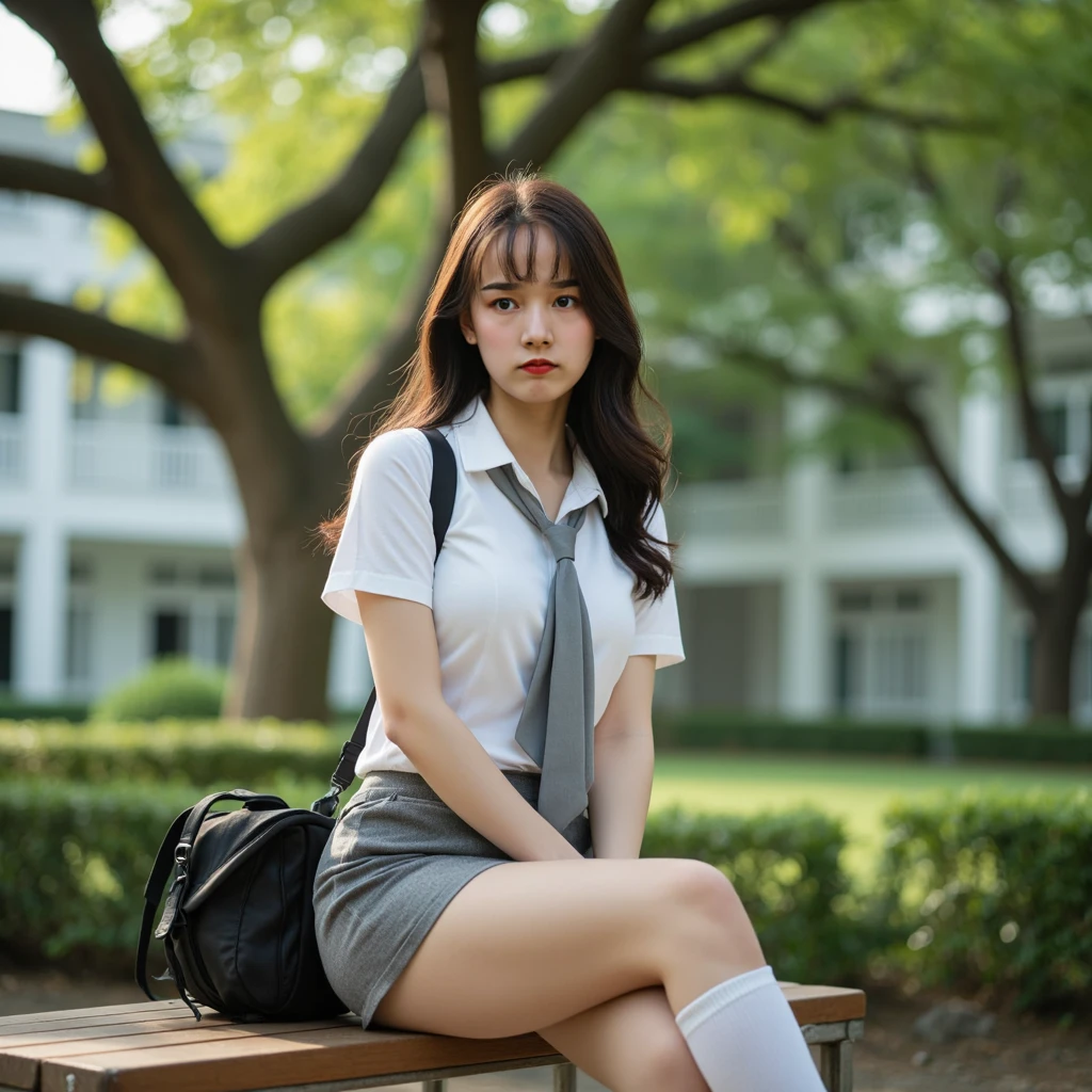 (masterpiece, best quality:1.2), (realistic,photo-realistic:1.4), RAW photo, highres, extremely detailed, intricate details, cinematic lighting, (front view, view from below:1.3), a Indonesian face girl, wear skirt, Girl sitting on chair, open crossing leg, visible white panties, (full body,loafers:1.5), large breasts, (fine fabric texture, white shirt, school bowtie, socks:1.2), detailed eyes, detailed face, fine-textured skin, pale skin,