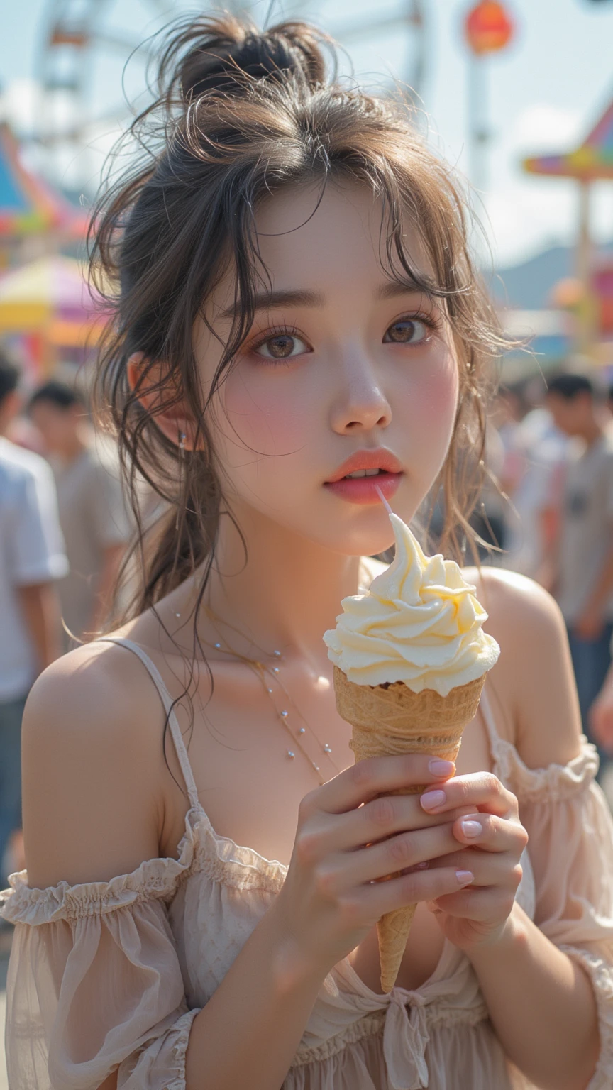 ((A beautiful girl licking ice cream deliciously)), (Baby-faced girl:1.3, Cute school girl:1.2), Sexy look, Captivating Lips, blush, Slender body line, ((Detailed eyes and face:1.2, Professional photography techniques)), View the viewer, Detailed hands, Perfect hands