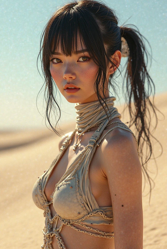 Porcelain skin japanese female warrior, named Midori Asaka  a Fantasy character art in the style of Craig Mullins and Greg Rutkowski, detailed and sharp  features, Dystopian summer attire, Realistic and detailed body proportions,  atmosphere, Hyper detailed, Futuristic dystopian landscape, Ilya Kuvshinov, Cinematic, Character centric, Bright, Sunlit, Clean composition, Sand dunes, futuristic technology, dynamic random poses. Armor pieces. Ultra detailed,  Captured in ultra-high-definition 124k resolution ULTRA-DETAILED, HIGH-QUALITY, HIPER-REALISTA, HYPER-DETAILED, Q2K, UHDREFLECTIONS, 3D RENDERED, CONTE-JOUR, FX,,SSAO, OPENGL-SHADERS. glamour lighting technique in detail enchanting the faces silhouette that shows the i’tende  look