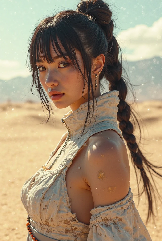 Porcelain skin japanese female warrior, named Midori Asaka  a Fantasy character art in the style of Craig Mullins and Greg Rutkowski, detailed and sharp facial features, Dystopian summer attire, Realistic and detailed body proportions, Seductive atmosphere, Hyper detailed, Futuristic dystopian landscape, Ilya Kuvshinov, Cinematic, Character centric, Bright, Sunlit, Clean composition, Sand dunes, futuristic technology, dynamic random poses. Armor pieces. Ultra detailed,  Captured in ultra-high-definition 124k resolution ULTRA-DETAILED, HIGH-QUALITY, HIPER-REALISTA, HYPER-DETAILED, Q2K, UHDREFLECTIONS, 3D RENDERED, CONTE-JOUR, FX,,SSAO, OPENGL-SHADERS. glamour lighting technique in detail enchanting the faces silhouette that shows the i’tende seductive look