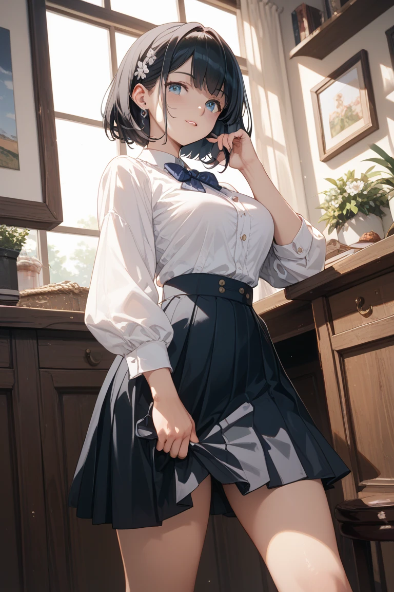 NSFW, High school girl standing in school classroom、table top, highest quality, High resolution, masterpiece、break ((from below:1.6))、((Low - Angle:1.5))、((Upskirt、torn skirt))、(black pantyhose:1.5)、white panties under pantyhose、break(1 girl),(beautiful eyes、drawn in detail、face every detail、masterpieceサイドライト、masterpiece、highest quality、detailed、High resolutionのイラスト),delicate makeup, (cowboy shot:1.2)、throw、soft focus ground bokeh、smile, break(highest qualityのイラスト:1.2), (cute女の子:1.1),(highest qualityのイラスト:1.2), (cute女の子:1.1), (1 girl:1.5, solo:1.5)、 (1 girl、18-year-old、One Pose、cute、Medium chest:1.5、超detailedな目:1.2)、(beautiful breasts)、、(short hair)、(((short bob hair)))、thin waist、small ass、、超High resolution、detailedなアーム:1.2),break 高校の、(dark blue blazer)、(white shirt)、(blue ribbon)、((white pleated skirt:1.5))、非常にdetailedです, Complex, table top, absurd、 ((smooth texture:0.75, realistic texture:0.5, Anime CG style))