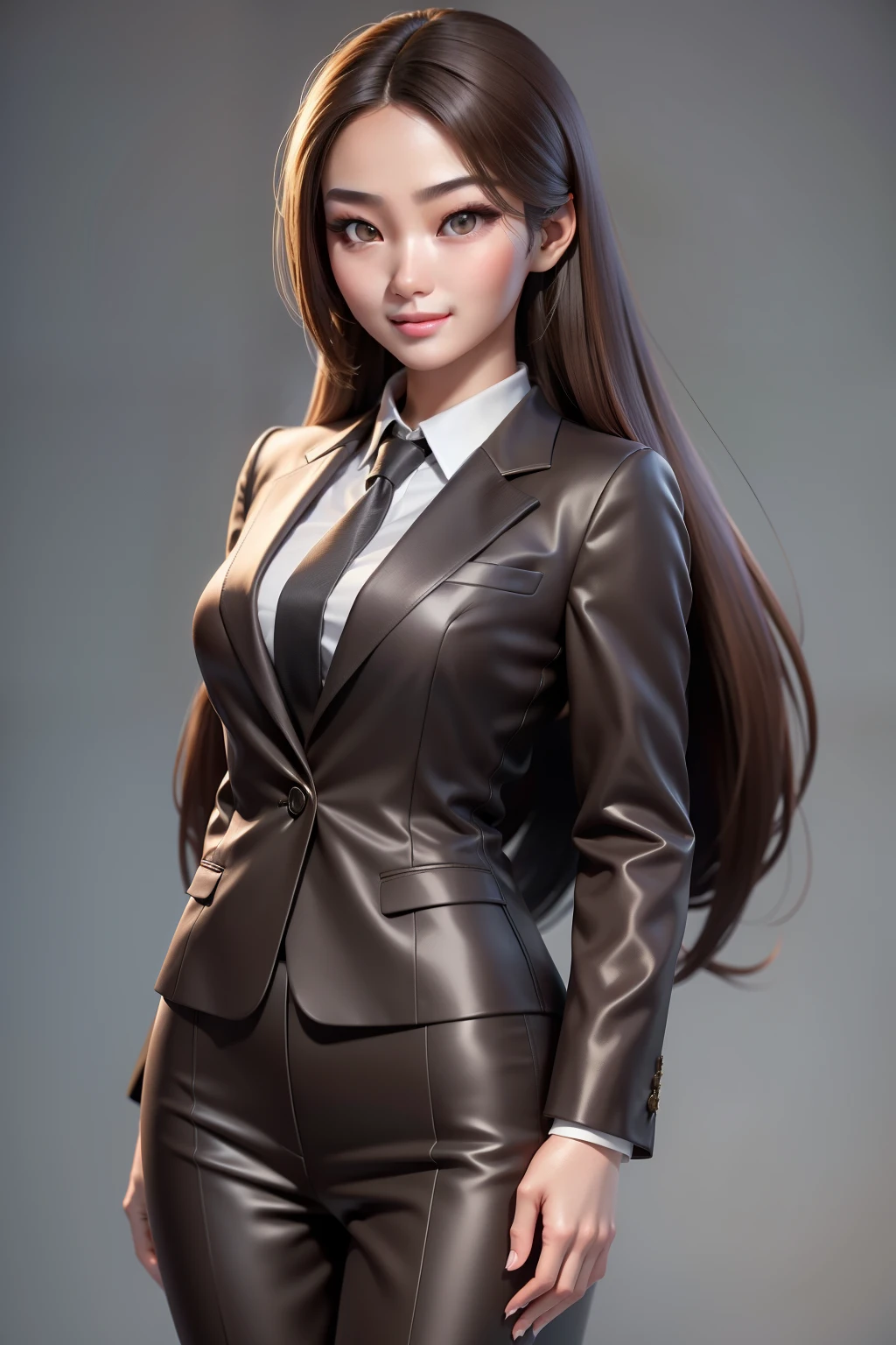 A hyper realistic carricature ,photorealism,of beautiful asian woman 30 yo.with long hair style,standing.wearing brown office suit ,light smile, high detail,3d render,high definition.medium body,front view,graceful posture