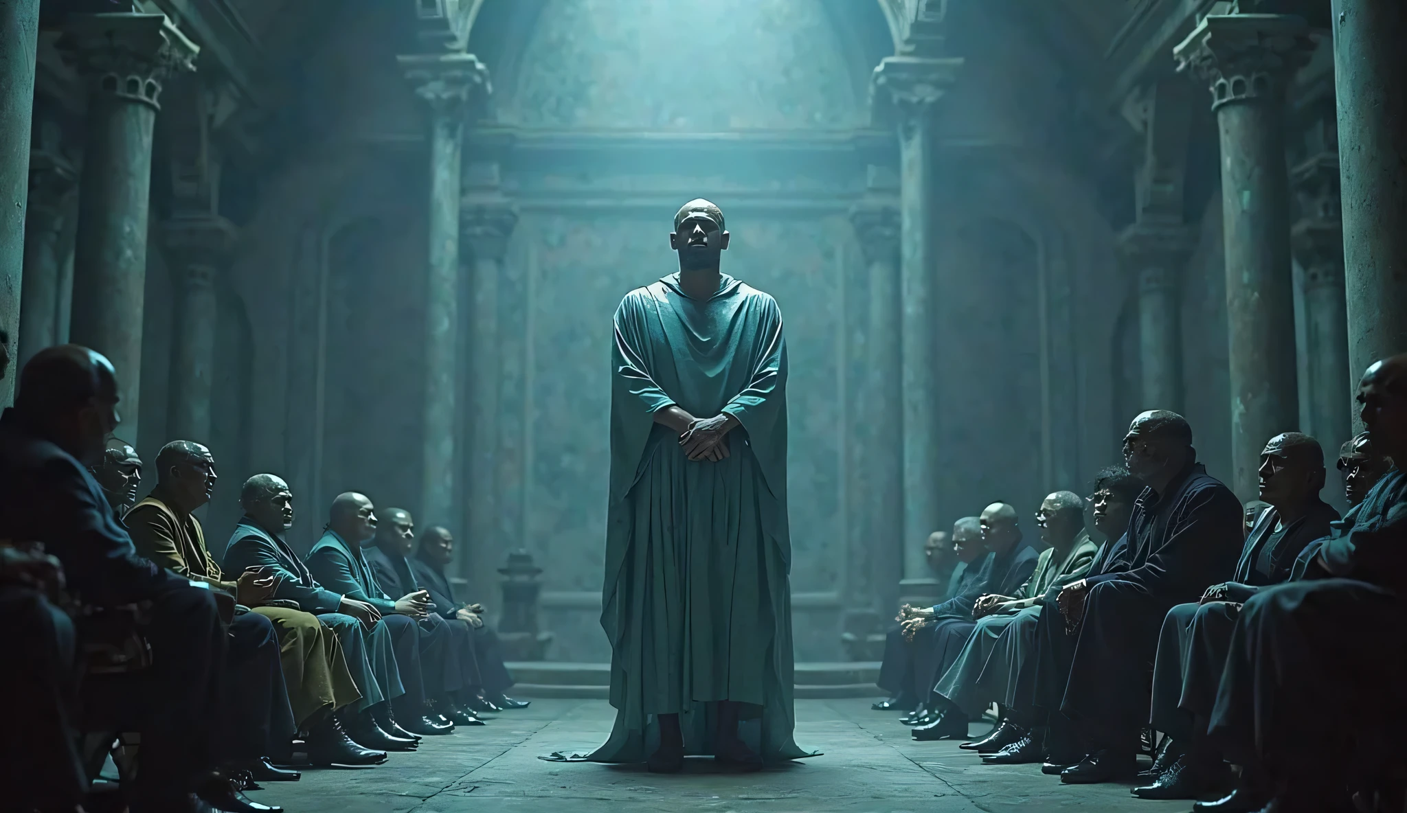 The High Commissioner, once proud and regal, stands at the center of the chamber, his expression shifting from confidence to vulnerability. His bioluminescent skin flickers as he reveals the dark truth of his people’s past. The chamber around him is vast and grand, the cold walls reflecting his internal struggle. Alien delegates look on in stunned silence, some with anger, others with disbelief. The lighting is dramatic, emphasizing the High Commissioner’s moment of self-realization and regret.