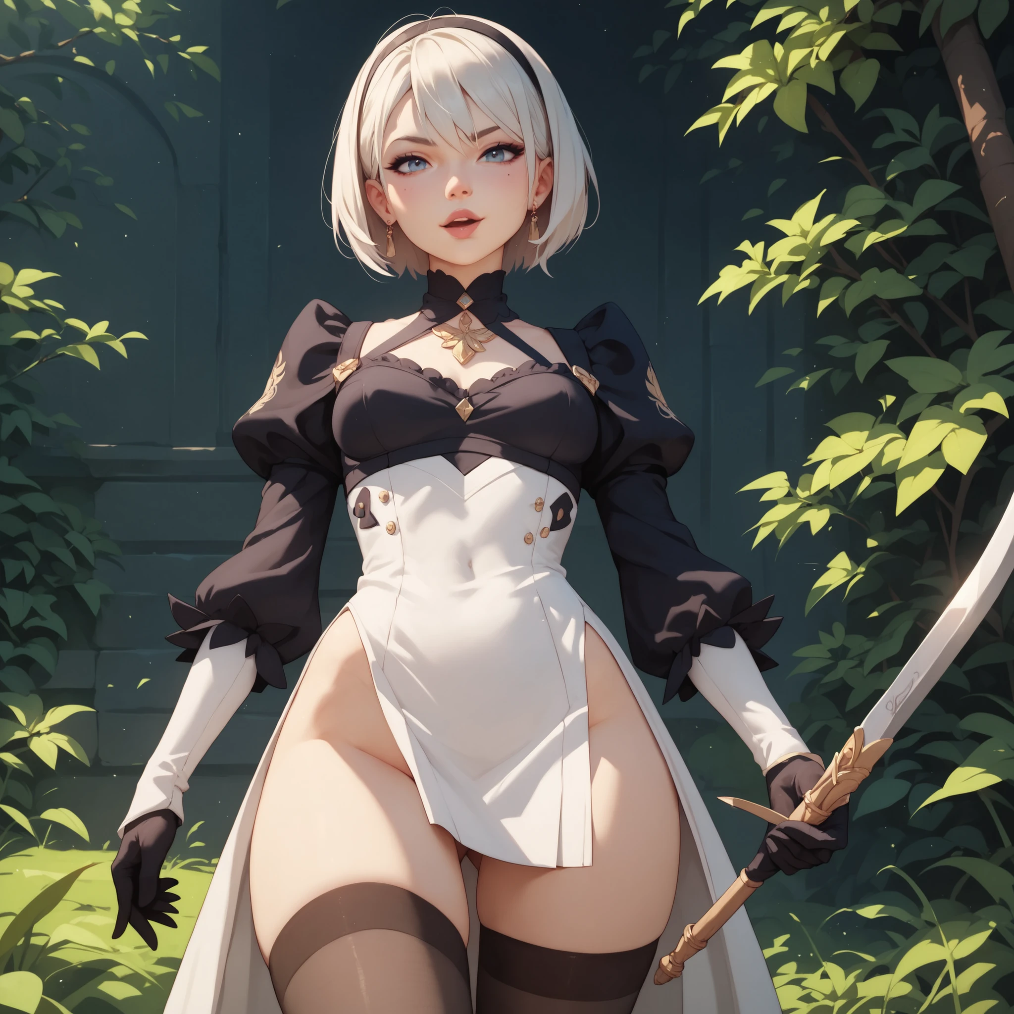 woods, fire, girls 2b and a2 from nier automata, The skirt is pulled up, white panty, seductive position, super detailed beauty, 8k, Detailed Shadows, sunlight rays, Flawless anatomy, Masterpiece, Best Quality, Detailed:1.3)