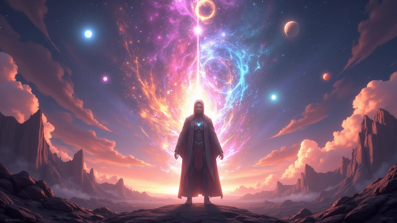 A chosen figure standing before an explosion of colorful cosmic energy, swirling symbols of planets, sacred geometry, celestial bodies, and mysterious spiritual icons flowing from the sky, surreal divine landscape with glowing cliffs.