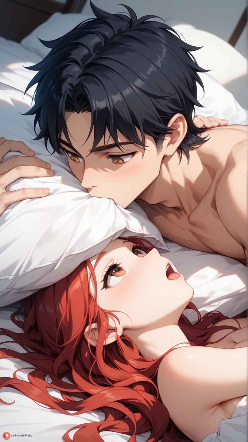 anime hentai ,white man, Bblack hair, Red eye, and white woman, long red hair, Red eye , and black halo, Having sex from the front 