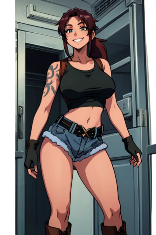 (masterpiece, best quality:1.2), solo, 1girl, revy, 48-year-old, mature woman, milf, milf figure, chubby, confident smile, teeth, looking at viewer, walking, ponytail, tank top, fingerless gloves, denim shorts, belt, cigarette, smoking, holster, city street \(place\)