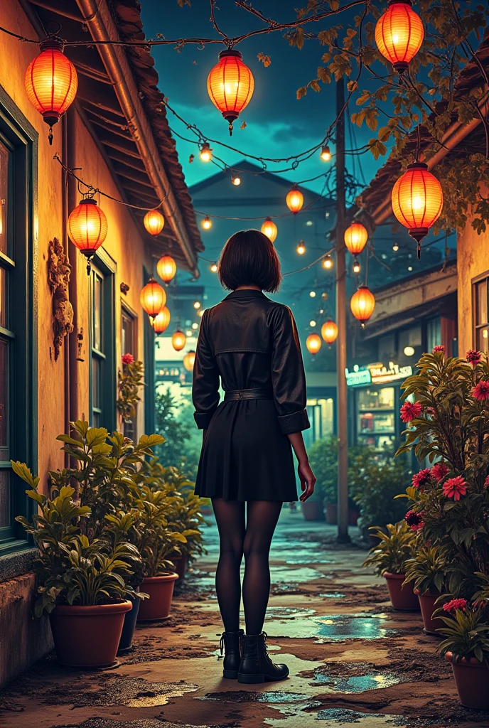 fallout 76 retro poster style (Hard flash photography) Early evening, lantern lit night, Photo from the side, candid photo, (suburban setting background seeing houses and shops from the veranda)metro Manila philippines, soulful and relaxing evening, A surreal retro collage artwork composed of vintage magazine cutouts, chaotic and rebellious composition, torn paper textures, bold pop colors, absurd juxtapositions, nostalgic aesthetic. Hidden within the vibrant scene is a black and white goth emo korean woman — subtly integrated, fragmented and partially obscured, standing still amidst the chaos. At first glance, unnoticeable, but revealed upon closer inspection. Evokes mystery and contrast, blending nostalgia with quiet defiance. (Hard flash photography) Early evening, lantern lit night, Photo from the side, candid photo, (suburban setting background seeing houses and shops from the veranda) fallout 76 retro poster styles 