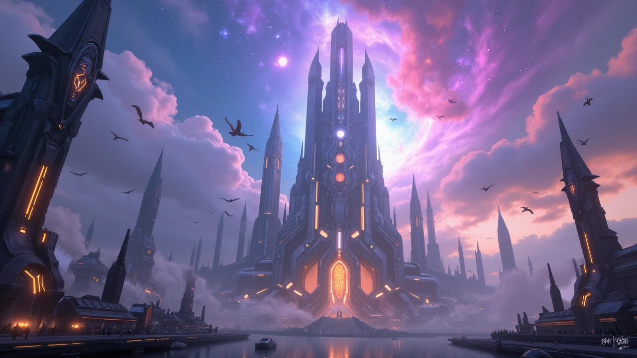 A futuristic divine city with tall mystical towers reaching into a vibrant cosmic sky, flocks of ethereal birds soaring through swirling colorful clouds, majestic and otherworldly fantasy atmosphere.