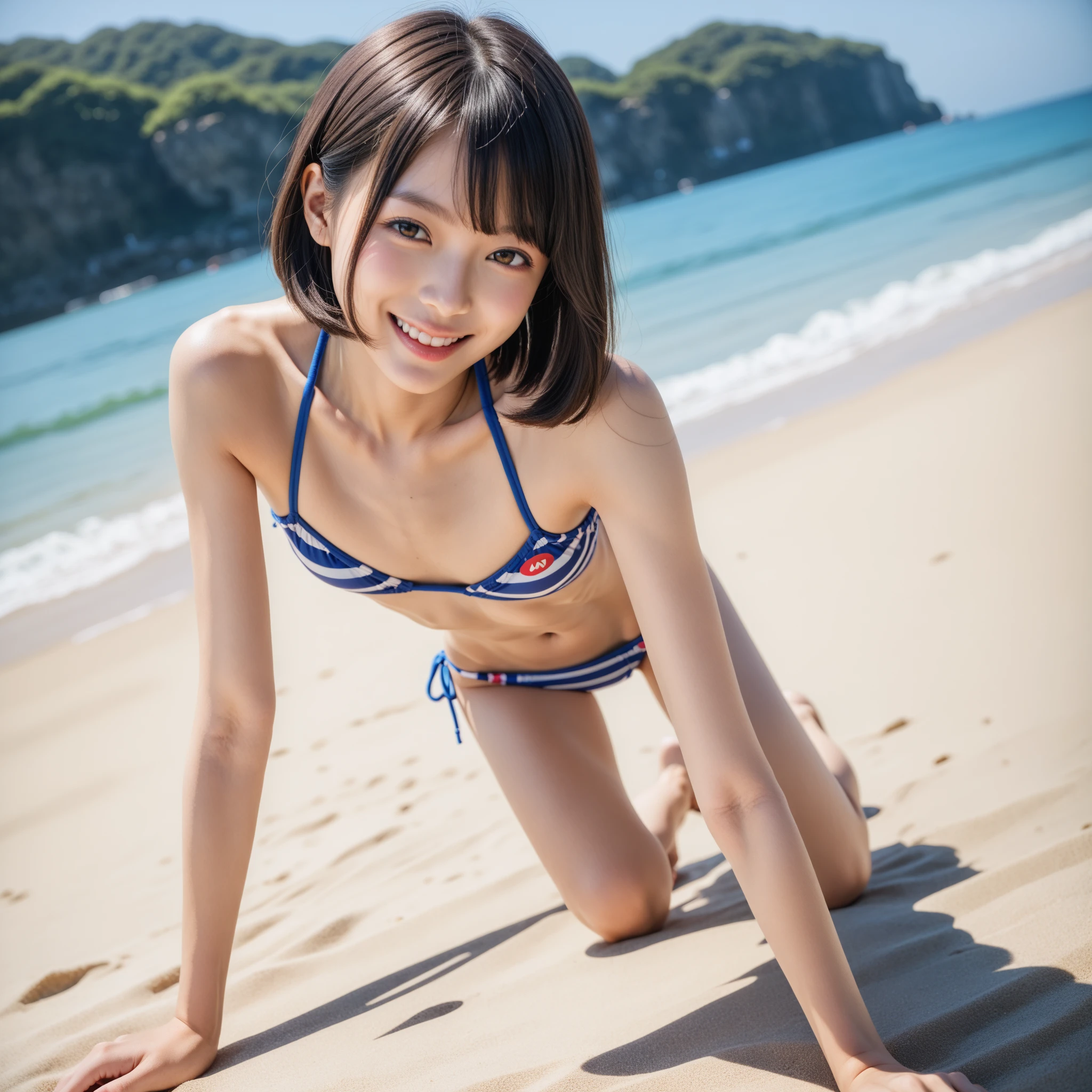 Skydiving at an altitude of 4000 meters、Clear blue sky and clouds、She is a beautiful Japanese woman with medium-long bob hair..、very cute, Spread your arms and legs and enjoy.、Sensual Style、She is wearing a very sexy micro bikini swimsuit...、she is looking at the camera、The camera follows her from above.、(Not wearing glasses!)