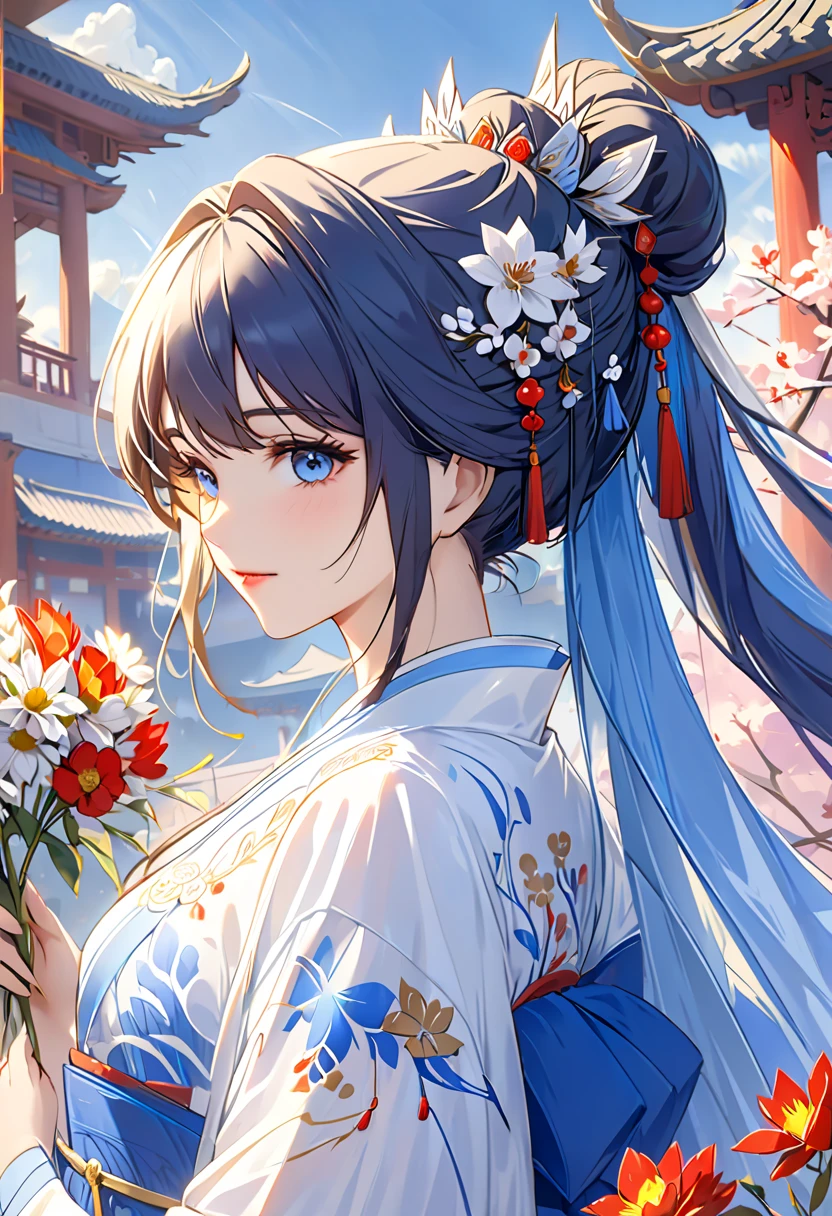  wear a blue and white dress 、Woman with flowers in her hair, Hanfu, palace, girl in Hanfu, blue Hanfu, white Hanfu, Wearing ancient Chinese costumes, ((Beautiful Fantasy Queen)), ancient Chinese Princess, Chinese style,  cartoon close-up of a group of traditional Chinese clothes , Ancient Chinese Clothing, Beautiful Fantasy Queen, Chinese Princess, Traditional beauty,