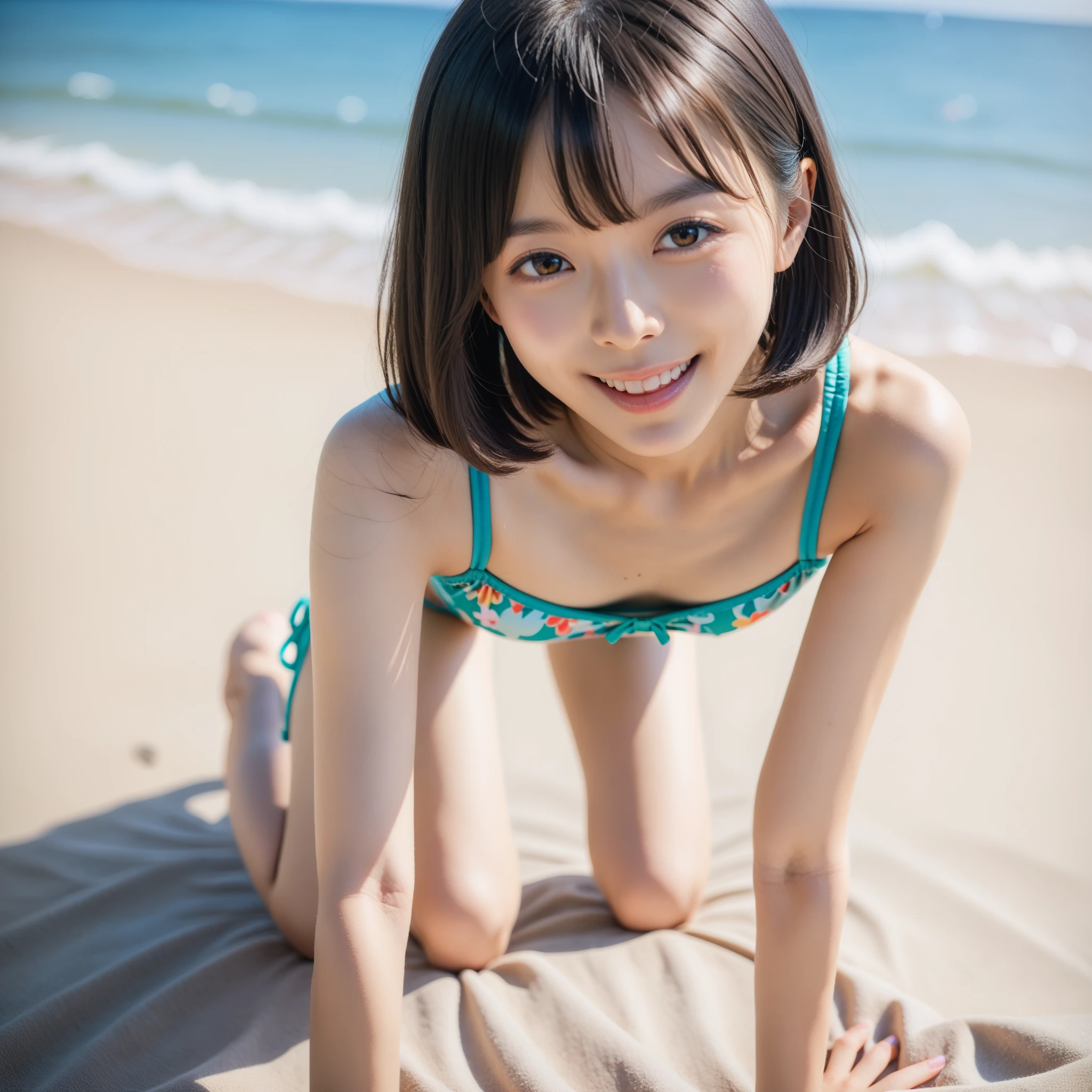 ((Detailed and realistic faces)), (10 years old), (Baby Face:1.4), girl, ((Small and thin body)), (Small breasts), Beach, (nude), BREAK, Bob Hair, BREAK, (Green Hair), BREAK, (smile), (Open your mouth), (Sitting cross-legged)