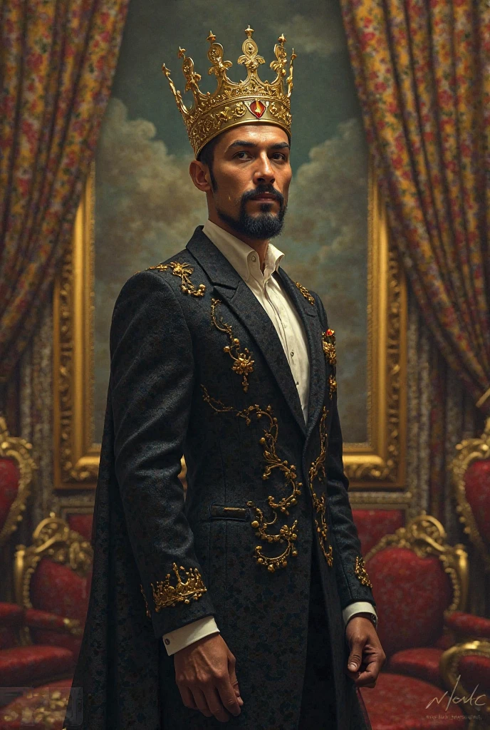 A man wearing a crown looking out to nowhere with a narcissistic background 