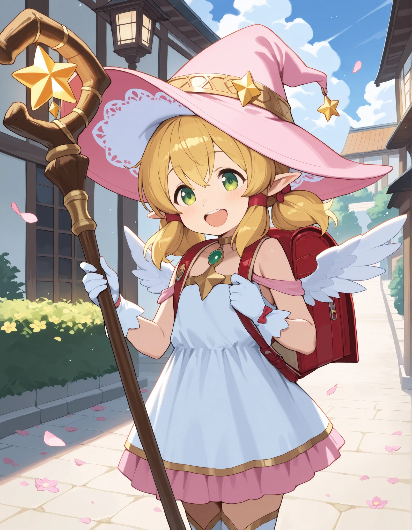 Masterpiece, hd, 2d, best quality "A girl with long golden hair and bright green eyes wears a beautiful witch costume. She dons a large pink witch hat adorned with a ribbon and a golden star ornament. a dress decorated with golden stars, and a layered ruffled skirt. She also wears elegant white gloves and thigh-high white boots with golden star embellishments. On her back, she carries a backpack. Wearing randoseru backpack. In her hand, she holds a wooden magic staff topped with a star-shaped crystal, flanked by small white wings. Her cheeks are flushed, and she has an excited and cheerful expression, as if embarking on a magical adventure. The setting is a charming fantasy town with European-style architecture, featuring cream-colored stone buildings, windows adorned with flowers, and hanging lanterns. A gentle breeze carries flower petals through the air, creating an enchanting and whimsical atmosphere.