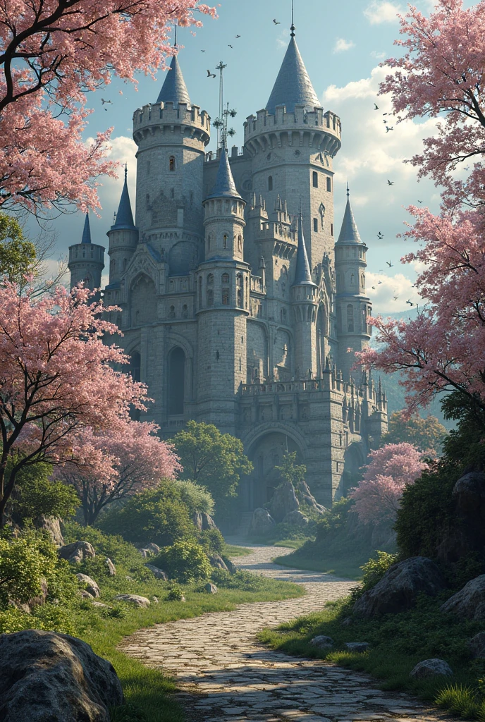 Large medieval keep in the forest with cherry blossom trees leading up the road to it.
