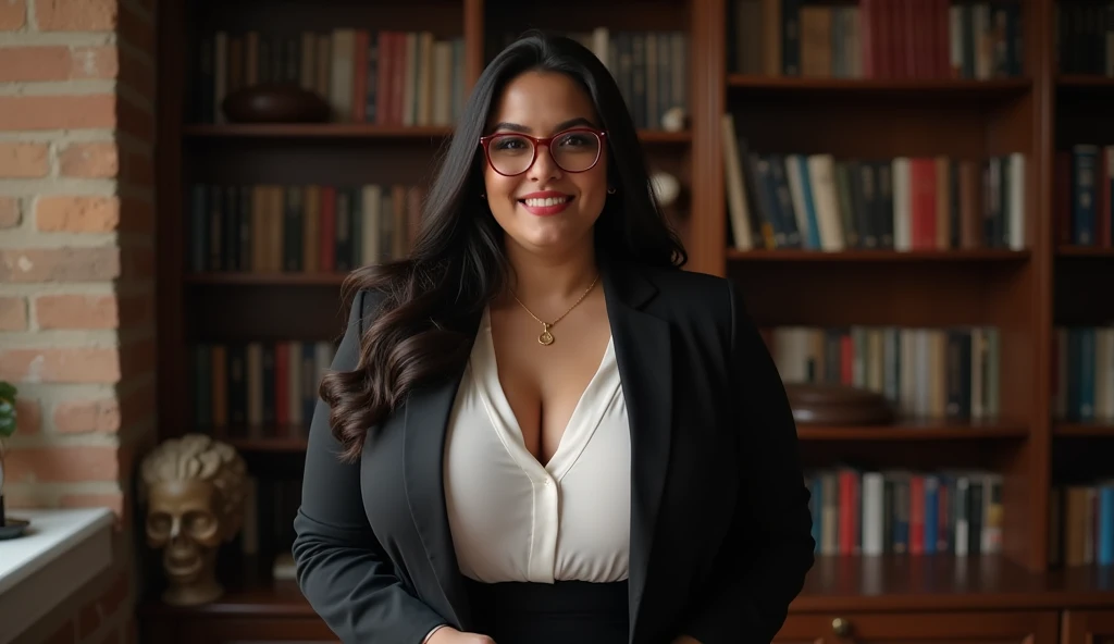 (masterpiece, photorealistic:1.4, extremely intricate:1.3), (photon mapping, radiosity, physically based rendering, ultra resolution, hyper-realistic, 8K), mature librarian, glasses, smiling, 40 years old, plus sized, big, [brown hair:dark hair tips:0.5] wearing a blue black patterned blouse, houndstooth black white skirt, portrait, closeup, sitting at her desk in the library, books, dim lighting, shadows, makeup:1.2, [skin detail:freckles:0.7]