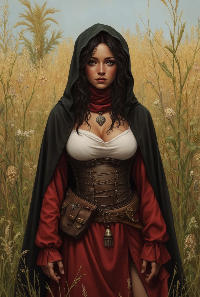 Shepherd girl, latina pupil, (torn silk top wrapped), (massive ????????????), corset, bolero shrug, short black poncho, (dark red linen sleeves), ((massive perky ???????)), (???? midriff), tanned, black cape,  detailed cute triangular face, (big blue eyes), (tanned skin), messy long dark curly hair, dark red boho skirt, looking sadly at camera, frontal view, black hood, satin scarf, leather pouch, covered shoulders, priestess, meadow



