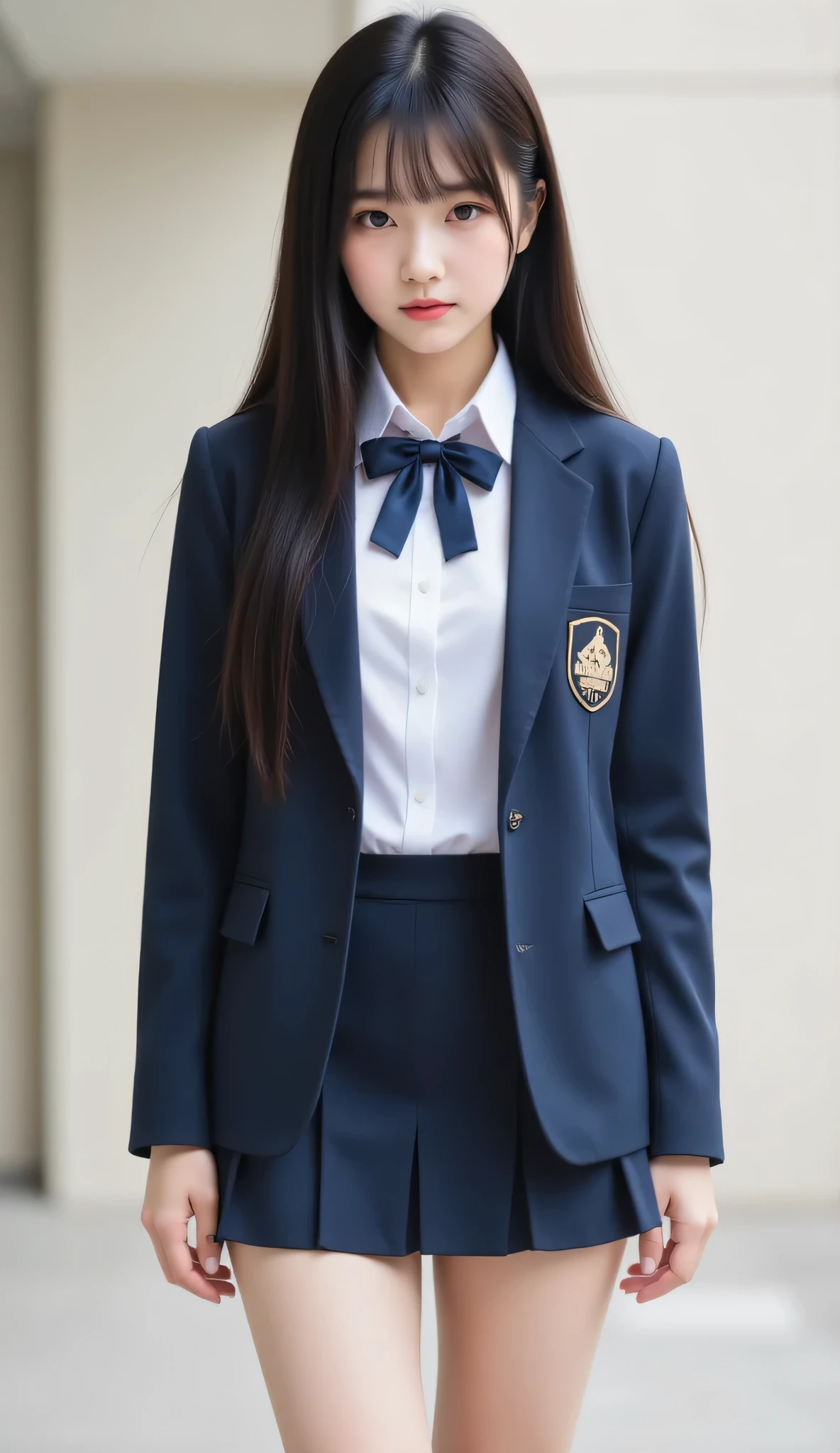 A woman taking a photo, Japanese Model Model, 18 year old female model, 4K、Bans、Black-haired、Beaver、Middle Hair、Straight hair、(A dark blue blazer and a red tie, navy check pleated skirt:1.2), (Super cute idol-like face:1.2)、School classroom、Slim and beautiful figure、Beautiful breasts、Whole Body Ezbian、School classroom美しい脚、Sexy pose、White socks、White sneakers、
