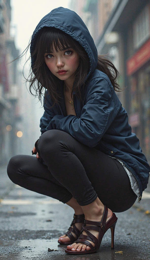 Girl wearing a hooded jacket and wearing leggings and open heels while crouching 