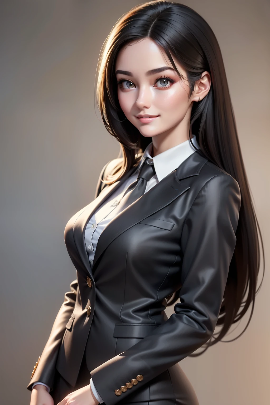 A hyper realistic carricature ,photorealism,of a woman 30 yo.with long black hair style,standing.wearing brown office suit ,light smile, high detail,high definition.medium body,front view