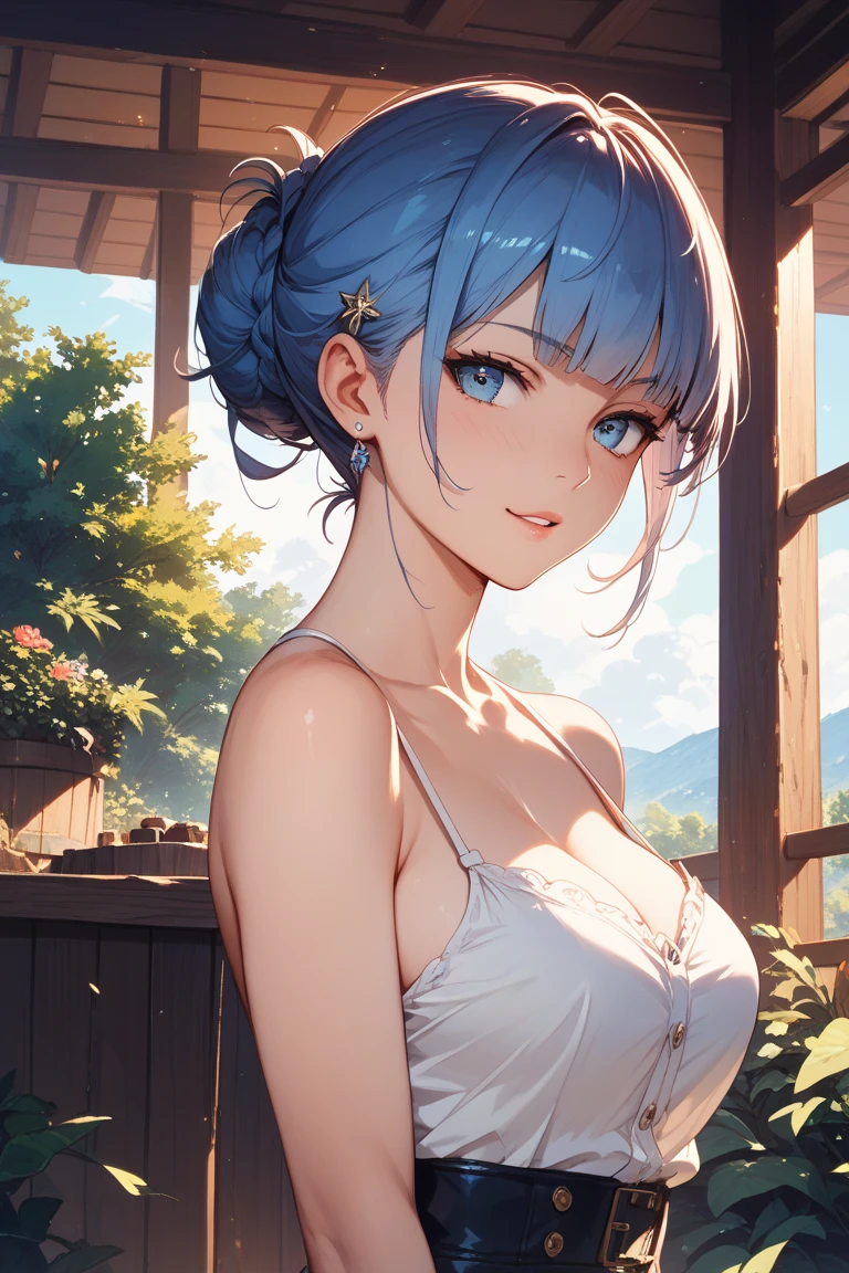 (masterpiece, best quality, ultra-detailed, illustration),white background,1girl,hair bow,hair ribbon,cowboy shot,ponytail, blunt bangs,blue eyes, smile,breasts, cleavage, medium breasts,closed mouth, eyebrows visible through hair, long hair, silver hair, looking at viewer, indoors,solo,(bandages, sarashi, budget sarashi), open clothes,strapless,navel <lora:Freadeeb-Genshin_KamisatoAyaka:0.7>