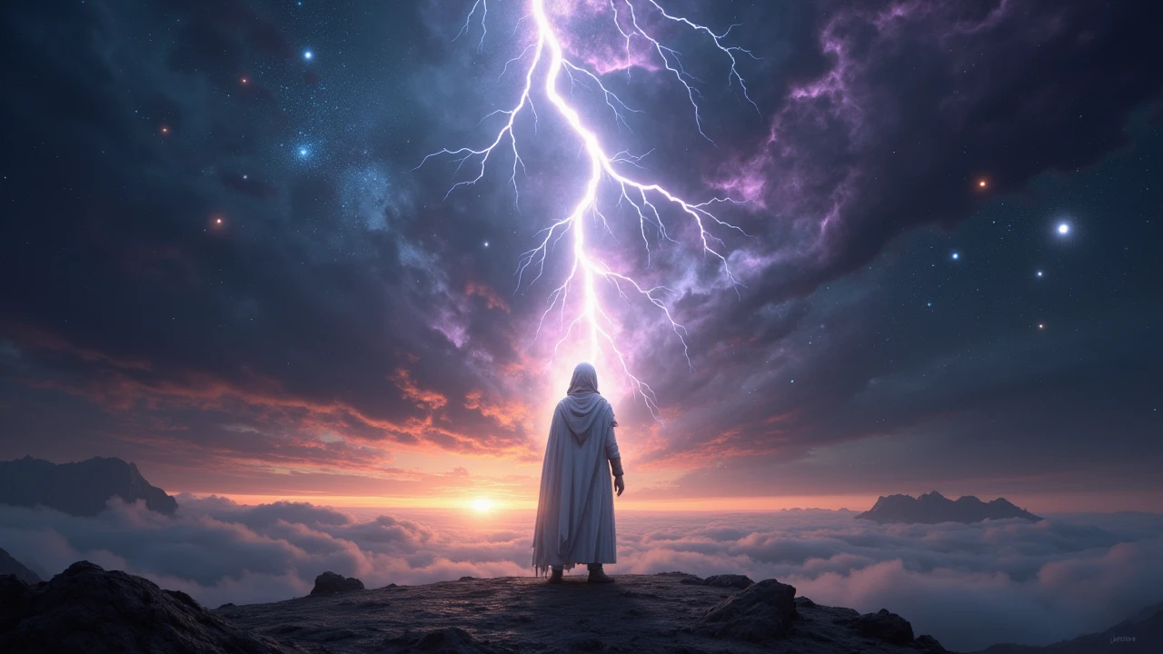 A lone figure standing in a cosmic landscape beneath a lightning-struck sky, with planets above and radiant colors blending across the scene, symbolizing grounded faith through gratitude, dramatic and colorful.
