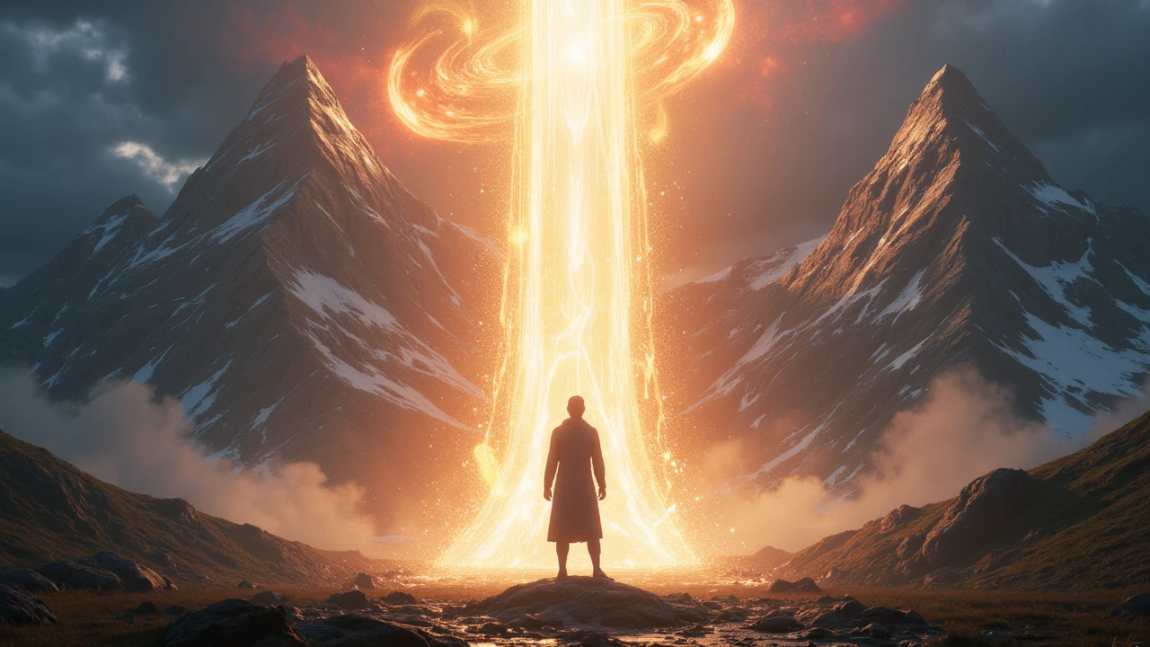A lone figure standing before a vibrant cosmic mountain landscape with a stream of energy descending from the heavens, symbolizing reaching the next spiritual level, surreal and highly detailed.