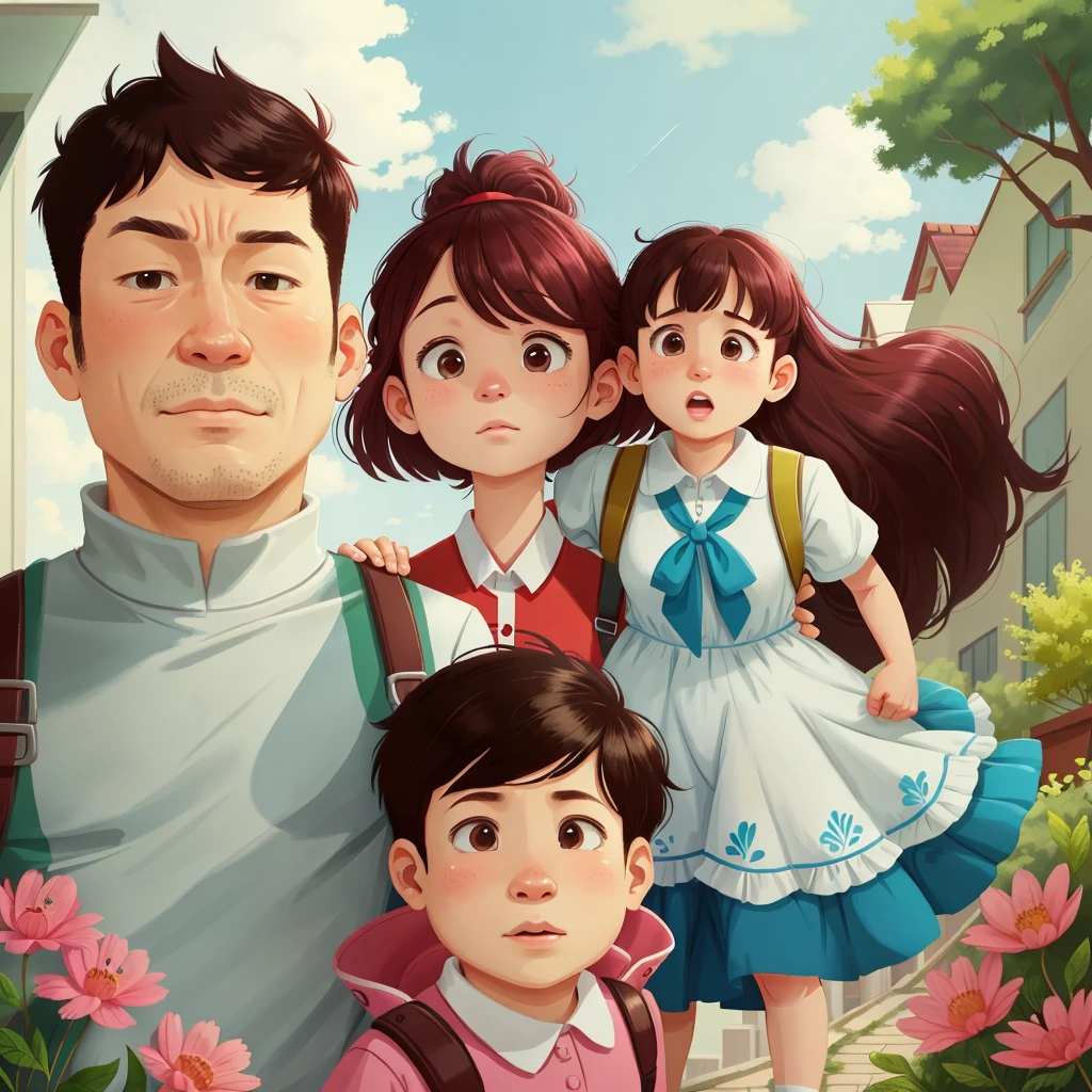 A family of three is walking around the apartment complex. is very harmonious! The 2d comic style 