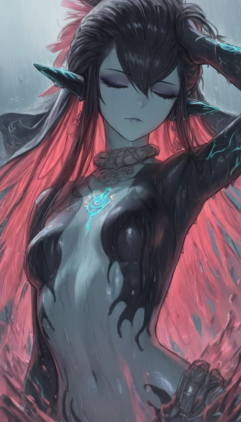 (Masterpiece, Top quality, Best quality, offcial art, Beautiful and aesthetic:1.2), Splash Art, (abstracted:1.35), 1girll, Portrait, Half demon, Naked, Long hair, (Color: Female, black, White, Blue, Red:1.25), Black background, (good contrast),Seven-doppelganger shot