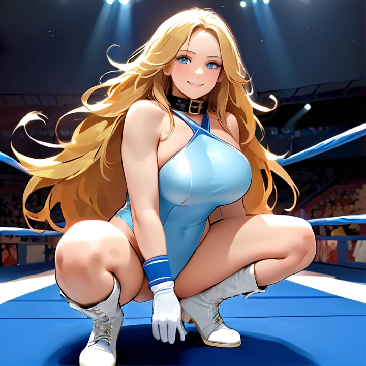 (absurdres, best high quality image, carefuly detailed features and textures, very detailed image) {{(1character: Elf queen 1.000 years old mature adult milf: (beautiful face, sexy femininy, sexy features, beautiful light blue eyes, voluptuous body, big breasts, huge butt, beautiful legs, golden long hair tied in a ponytail, golden eyebrows, sweet smile, funny demeanor, modeling pose), (white one-piece wrestler leotard, white knee pads, white arm sleeves and white gloves, white elbow pads, cleavage),
(gym wrestling ring))}}