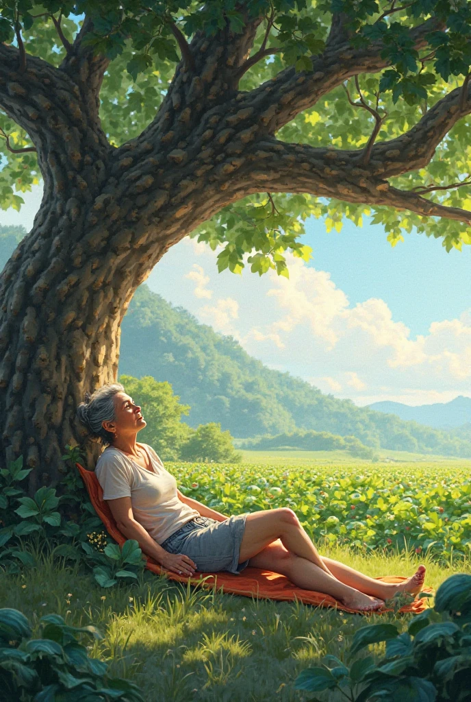 একটি মধ্যবয়সী সুন্দর বয়স্ক মানুষ বিশাল একটি বট গাছের নিচে শুয়ে তার তরমুজ ক্ষেত পাহারা দিচ্ছে 