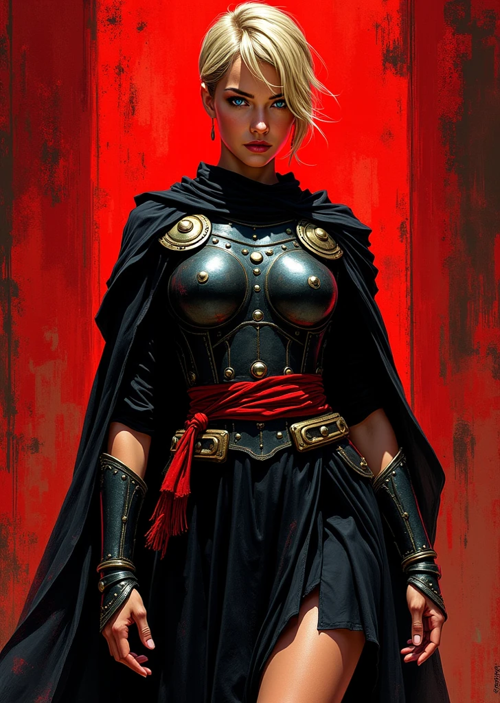 An extremely detailed comic book illustration of a stunningly beautiful but rather buttoned up and reserved hawkish imperial roman noble warrior wearing a black finely tailored tunic with flowing elements like a long coat or sash that give her an air of mystique in the style of Frank Miller and Conan the Barbarian. Her attire is accented with roman reds and golds. Her short, neatly kept blonde hair is worn in a tight updo and her sharp features give her a refined, almost scholarly look, while her intelligent, empathetic blue eyes make her approachable. She carries herself with perfect posture, exuding quiet confidence. She wears a sleek blackened metal breastplate reinforced with dark steel studs. It’s practical and lightweight, allowing her to move freely while relying on her psionic abilities to defend herself. Her armor is polished but understated, reflecting her calm and measured personality and emphasizes her extremely long legs. The background is of textured brushstrokes in shades of red black and gold. Standing in a dynamic action pose. Trending on Art Station. 