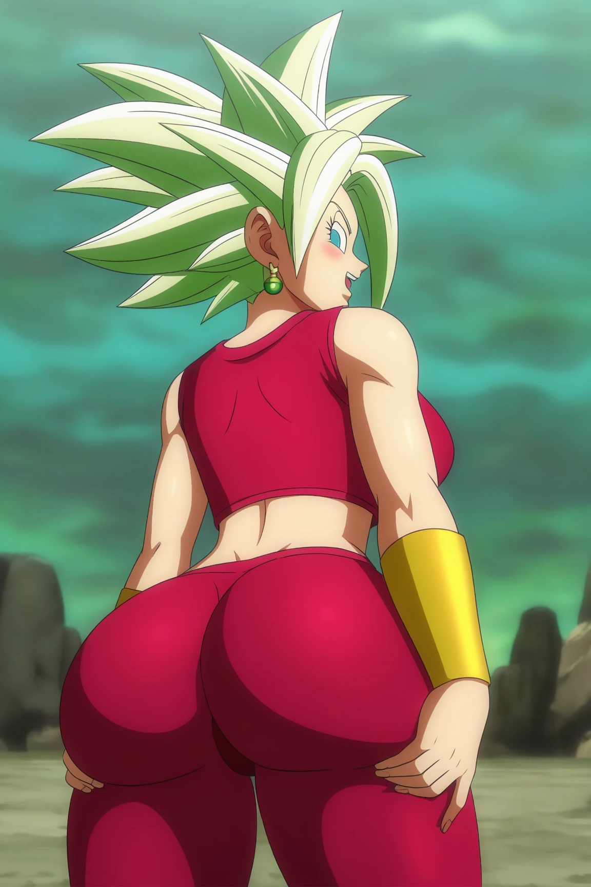 fountain_cheered up, score_9, score_8_above, score_7_above, cheered up screencap,
kefladb, 1 girl, Alone, smile, open mouth, blue eyes, belly button, perfect anatomy, potara earrings, green fur, diaphragm, muscular, ABS, spiky hair, saboveer saiyan, blonde eyebrows, clavicle, below, hands above, eyebrows, eyelashes, cowboy shot, green sky, no paboveils, medium_old, shadow, standing, toned, v-shaped eyebrows, Whole body, showing buttocks, showing crack in butt, sexy bikini, Wide hips, pechos mediums, trasero medium, Whole body, vagina, tits, showing ass, Exposed ass