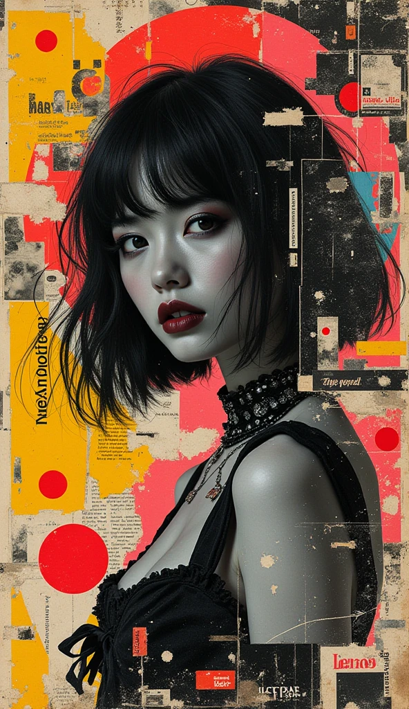 (Alluring and flirty cute pose,) A surreal retro collage artwork composed of vintage magazine cutouts, chaotic and rebellious composition, torn paper textures, bold pop colors, absurd juxtapositions, nostalgic aesthetic. Hidden within the vibrant scene is a black and white emo korean goth woman — subtly integrated, fragmented and partially obscured, standing still amidst the chaos. At first glance, unnoticeable, but revealed upon closer inspection. Evokes mystery and contrast, blending nostalgia with quiet defiance.