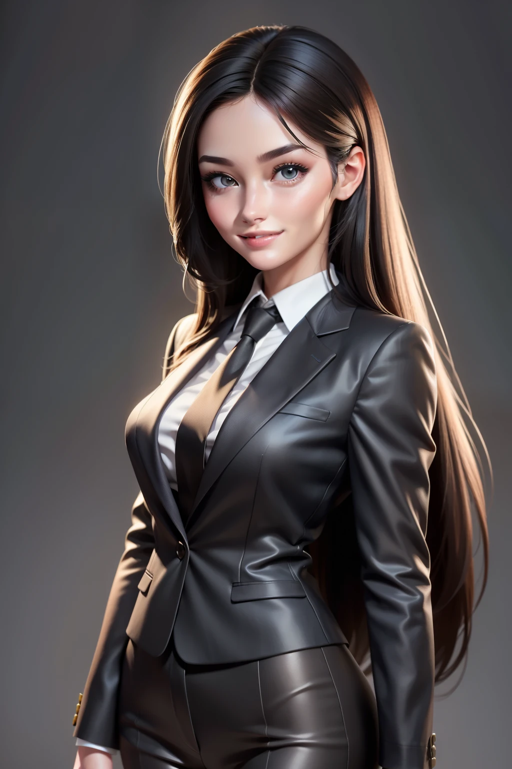 A hyper realistic carricature ,photorealism,of a woman 30 yo.with long black hair ,standing.wearing brown office suit pants ,light smile, high detail,high definition.medium body,front view
