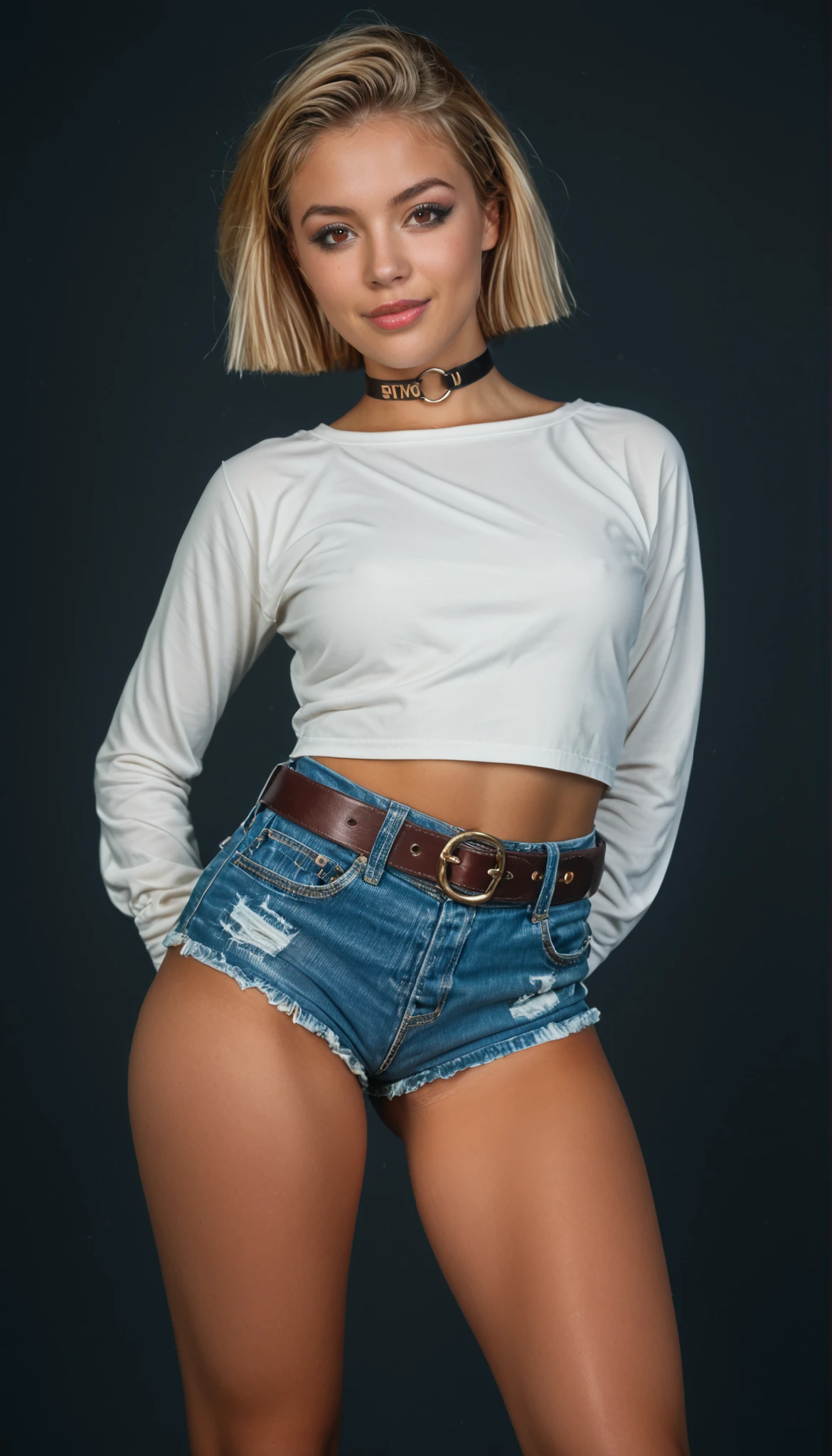 dark-skinned blonde girl, model, italian face type, very tanned, perfect cute features, brown eyes, dimples, summer makeup, short blonde hair, bob hairstyle with straight bangs, bangs are a must, sexy figure, hands behind her back, punished, slave choker, girl wears cropped pink blouse with long sleeves and very short denim micro-shorts with a belt, shorts completely expose legs, long slender tanned legs, girl posing flirtatiously, too hot summer, hot summer outfit. daisy dukes style, american hollywood style, 80s vibe, miami vice, hyperrealism, bright colors, studio photoshoot