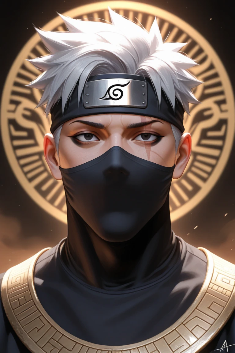 Close-up portrait of Kakashi Hatake, a handsome adult male with sharp, angular facial features. His spiky silver hair falls messily over his forehead, partially covering his left eye. His right eye is a glowing red Sharingan with three black tomoe swirling around the pupil, surrounded by dark eyeliner in an Egyptian style. His other eye is a deep black, relaxed but observant, with a faint scar running vertically through the eyebrow.

His face is mostly covered by his signature black face mask, pulled up just below his nose, leaving only his piercing eyes and forehead visible. The mask clings tightly to his skin, hinting at his jawline. His forehead bears the Konoha forehead protector (hitai-ate) slightly tilted, with the metal plate gleaming under light.

The background is softly blurred, featuring warm desert hues and faint hieroglyphic patterns. The lighting is dramatic, casting sharp shadows that emphasize his sharp cheekbones and intense gaze. Highly detailed, anime-style shading, ultra-realistic textures (fabric, skin, metal), and a mysterious, cool demeanor full body egyptian attire