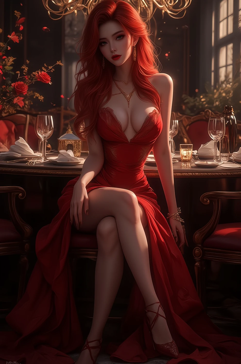 1 mulher, wavy red hair, olhos azuis, slender body, modern red dress, Gold accessory, red lips, sitting on the chair at the dining table, luxuosa 