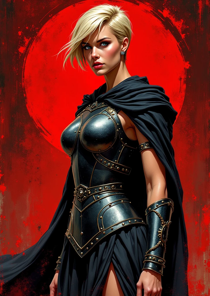 An extremely detailed comic book illustration of a stunningly beautiful but rather buttoned up and reserved hawkish imperial roman noble warrior wearing a black finely tailored tunic with flowing elements like a long coat or sash that give her an air of mystique in the style of Frank Miller and Conan the Barbarian. Her attire is accented with roman reds and golds. Her short, neatly kept blonde hair is worn in a tight updo and her sharp features give her a refined, almost scholarly look, while her intelligent, empathetic blue eyes make her approachable. She carries herself with perfect posture, exuding quiet confidence. She wears a sleek blackened metal breastplate reinforced with dark steel studs. It’s practical and lightweight, allowing her to move freely while relying on her psionic abilities to defend herself. Her armor is polished but understated, reflecting her calm and measured personality and emphasizes her extremely long legs. The background is of textured brushstrokes in shades of red black and gold. Standing in a dynamic action pose. Trending on Art Station. 