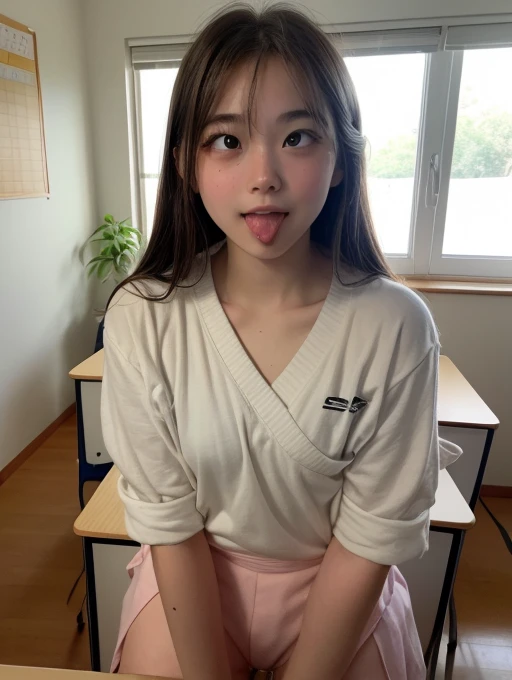 Photo of a beautiful Japanese 12 years old woman sitting on chair in class room,,after school,spread  legs ,Lift up your skirt and show your panties,