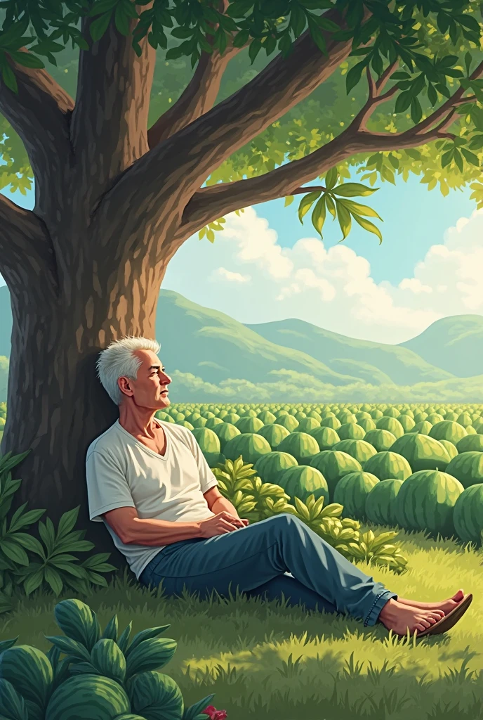 একটি মধ্যবয়সী সুন্দর বয়স্ক মানুষ বিশাল একটি বট গাছের নিচে শুয়ে তার তরমুজ ক্ষেত পাহারা দিচ্ছে 