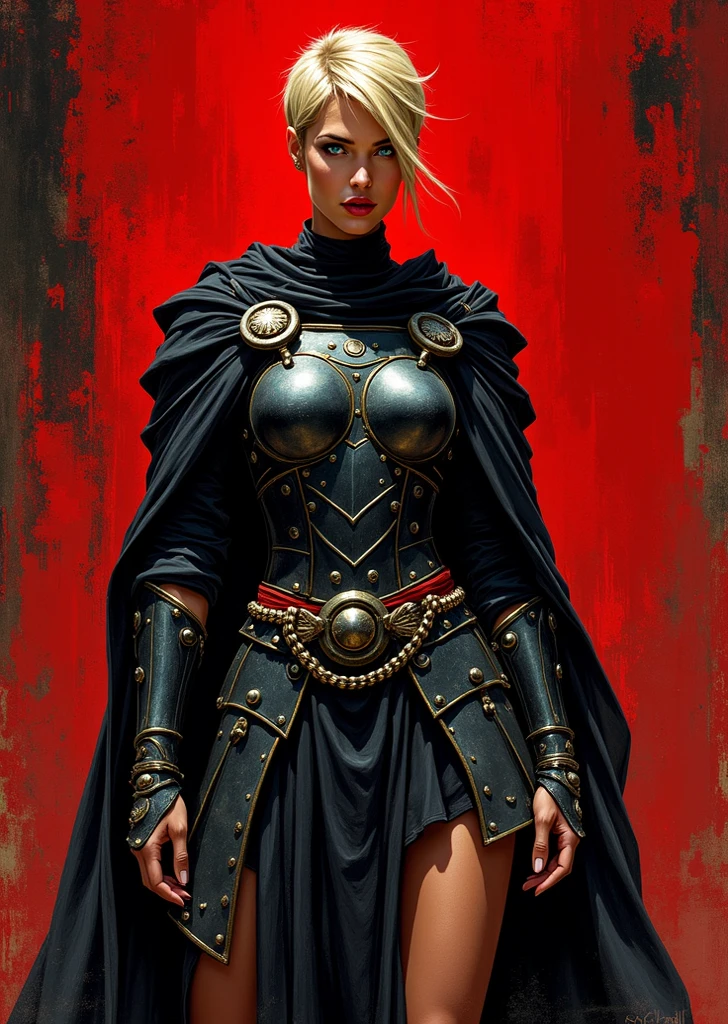 An extremely detailed comic book illustration of a stunningly beautiful but rather buttoned up and reserved hawkish imperial roman noble warrior wearing a black finely tailored tunic with flowing elements like a long coat or sash that give her an air of mystique in the style of Frank Miller and Conan the Barbarian. Her attire is accented with roman reds and golds. Her short, neatly kept blonde hair is worn in a tight updo and her sharp features give her a refined, almost scholarly look, while her intelligent, empathetic blue eyes make her approachable. She carries herself with perfect posture, exuding quiet confidence. She wears a sleek blackened metal breastplate reinforced with dark steel studs. It’s practical and lightweight, allowing her to move freely while relying on her psionic abilities to defend herself. Her armor is polished but understated, reflecting her calm and measured personality and emphasizes her extremely long legs. The background is of textured brushstrokes in shades of red black and gold. Standing in a dynamic action pose. Trending on Art Station. 
