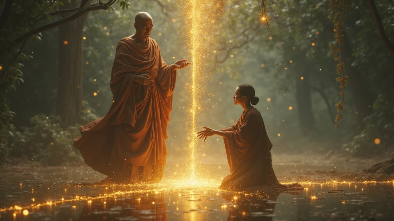 Tibetan Monk being healed by a naked black beautiful woman standing in front of him