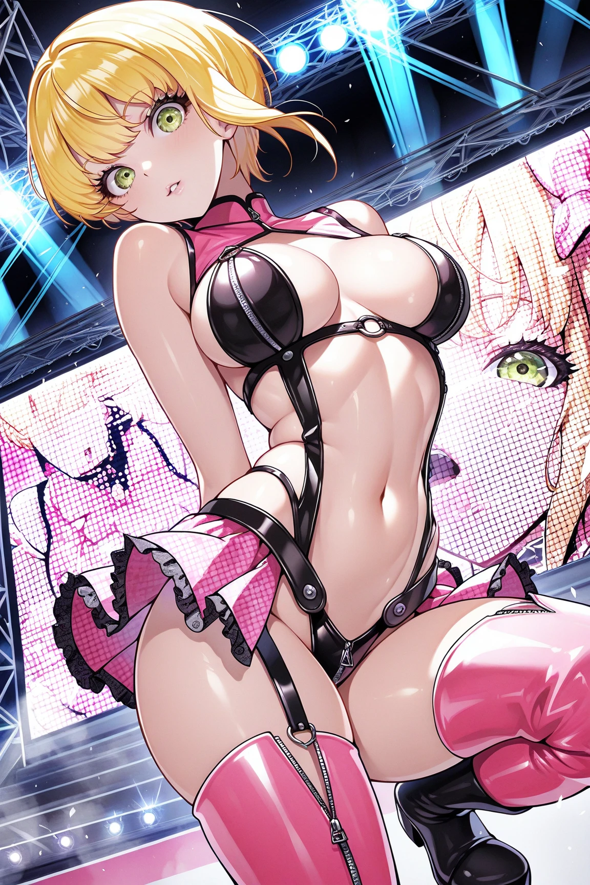 (masterpiece),(best quality),(ultra-detailed),(best illustration),(best shadow),(absurdres),(detailed background),(very aesthetic), luca ikaruga, 1girl, blonde hair, solo, multicolored hair,pinkmetallic verymicrobikini,coverdnipple, yellow eyes, looking at viewer, black hair, night city background ,cum,cumshot