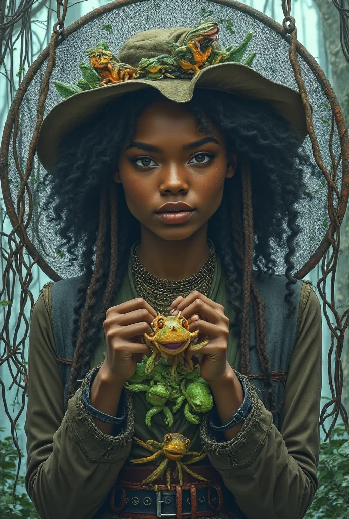 "A highly detailed, cinematic illustration of an young african american supermodel standing in a misty, enchanted forest. She has  long, tangled black hair tucked under a tattered, wide-brimmed hat. Her clothes are layered and patched, with earthy tones and magical trinkets hanging from her belt. In her hands, she holds a large, rusty steel sieve, overflowing with squirming, wet frogs of various sizes and colors. Some frogs are jumping out, while others blink with glowing eyes. The scene is lit with soft, eerie moonlight filtering through twisted tree branches, casting dramatic shadows. The atmosphere is magical, mysterious, and slightly eerie, in a realistic fantasy style 
