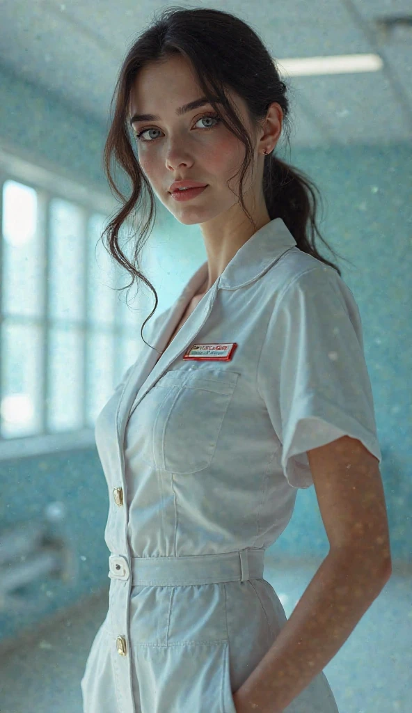 beautiful woman, 40 years old, sexy body, White skin, big chest, big ass, bare thighs, expression of lust, black hair color with bangs, Green eye color with glasses, dressed as a nurse, full body photo distance, dynamic point of view, Open legs pose, Hospital room location, luz outfit, photo realism style. Holds sample bottle and points finger at bottle.