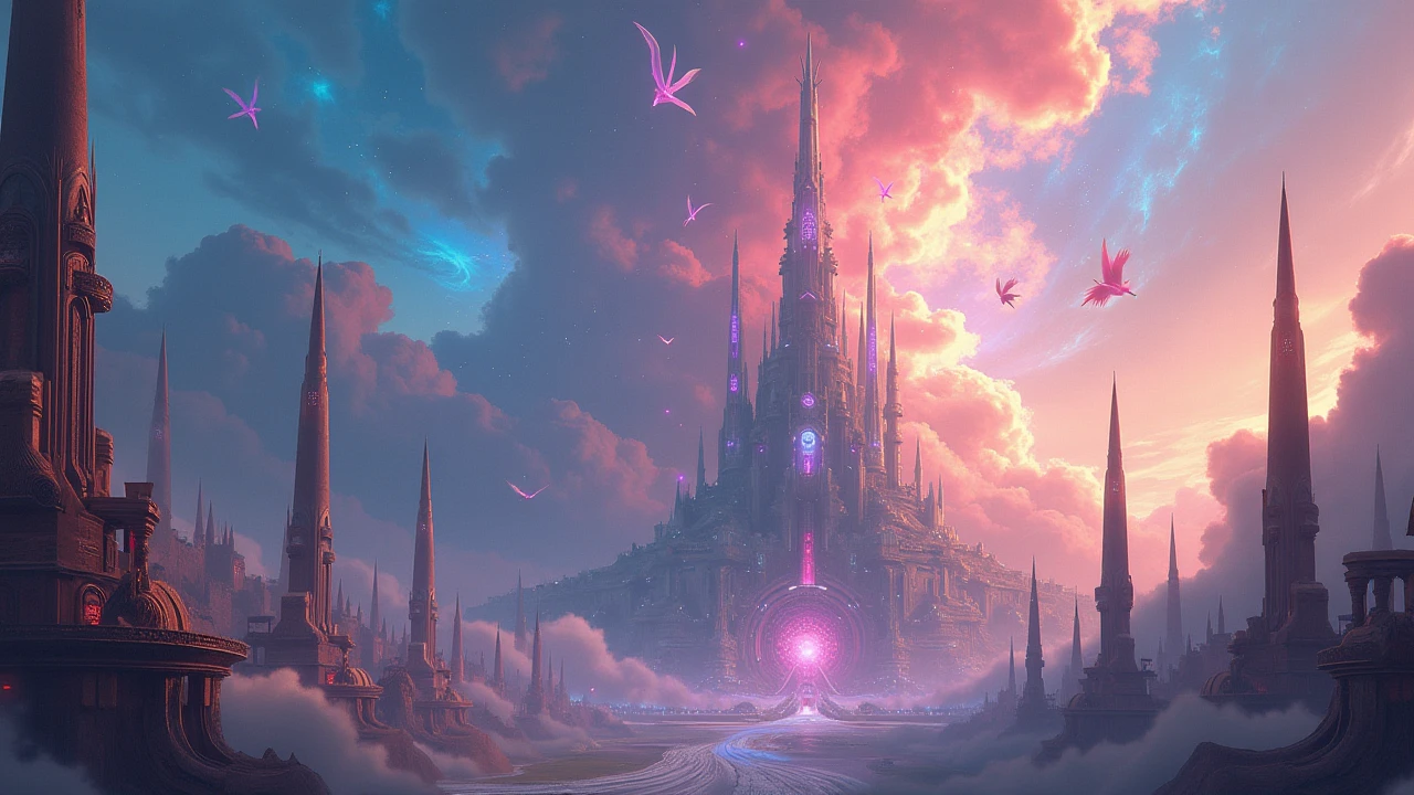A futuristic divine city with tall mystical towers reaching into a vibrant cosmic sky, flocks of ethereal birds soaring through swirling colorful clouds, majestic and otherworldly fantasy atmosphere.