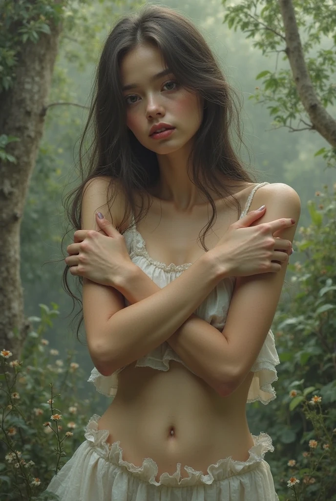 A beautiful short nymph covering her breasts with her hands in the middle of a dense forest in a forest at night, blurred background, realistic portrait style